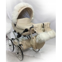 Duży wózek dla lalek lalki głęboki retro eko skóra beżowy złoty Jackmar