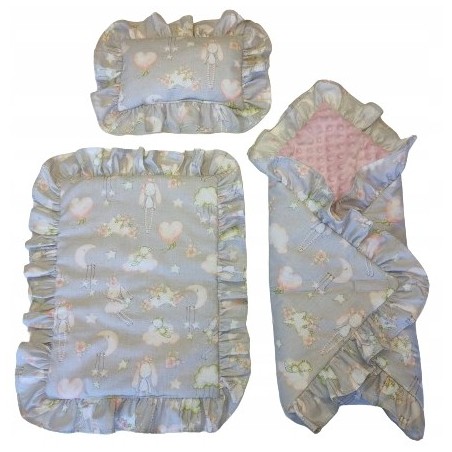 Pościel dla lalek do wózka łóżeczka kołyski + rożek z falbankami Jackmar