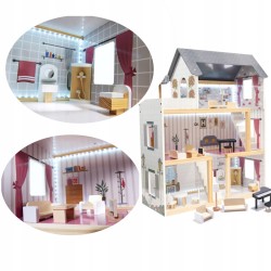 Domek dla lalek drewniany MDF oświetlenie LED + mebelki 78cm jasne kolory
