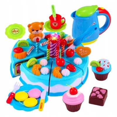Zabawka Tort urodzinowy do krojenia na rzepy kuchnia 80 elementów niebieski