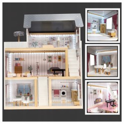 Domek dla lalek drewniany MDF oświetlenie LED + mebelki 78cm jasne kolory