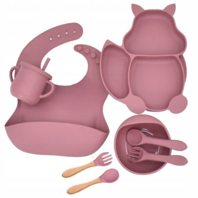 Naczynia silikonowe dla dzieci wiewiórka zestaw 9 elementów ciemny różowy