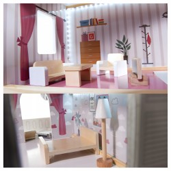 Domek dla lalek drewniany MDF oświetlenie LED + mebelki 78cm jasne kolory