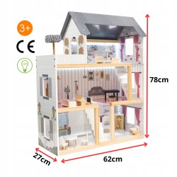 Domek dla lalek drewniany MDF oświetlenie LED + mebelki 78cm jasne kolory