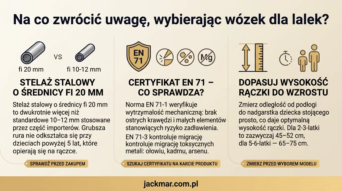 Jak wybrać wózek dla lalek — infografika z 3 kluczowymi kryteriami